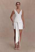 Runa Off Shoulder Mini Dress With Waist Tie - White