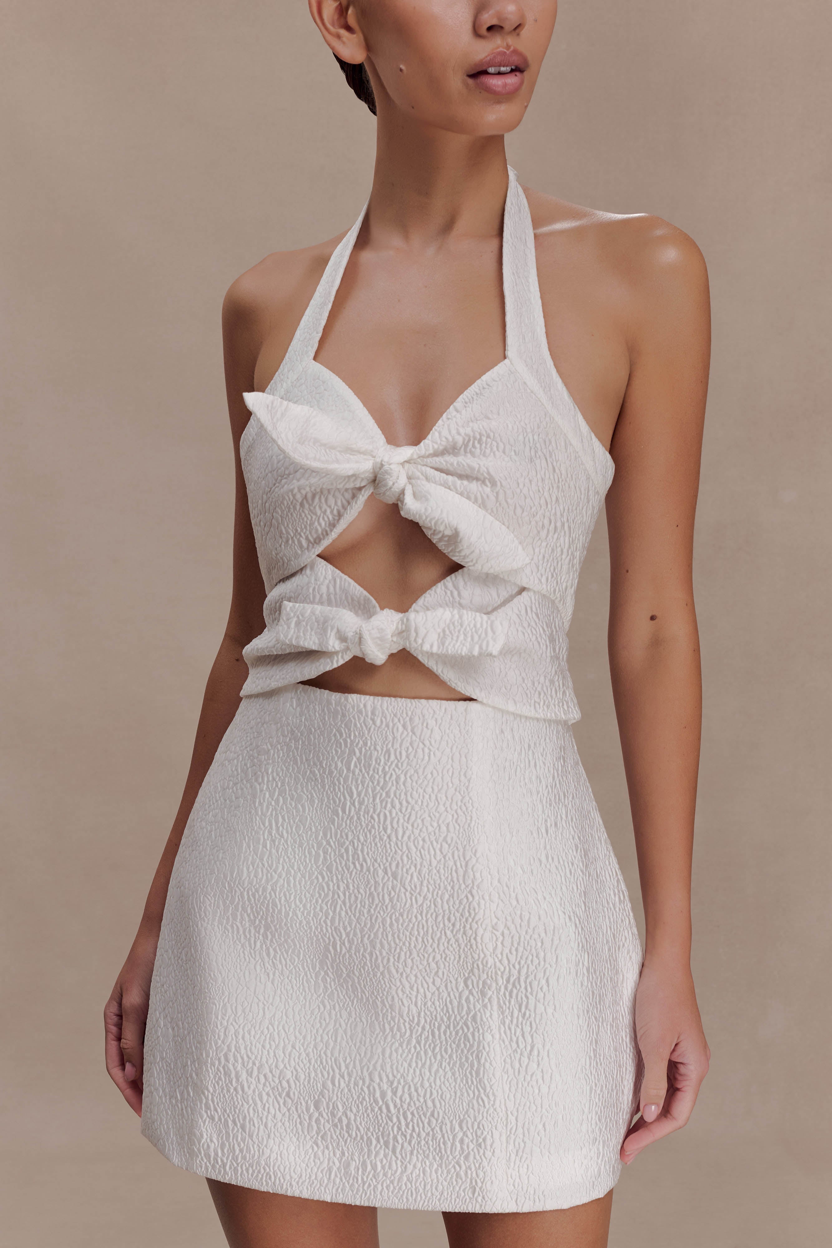 Ella Bow Detail Halter Mini Dress - White