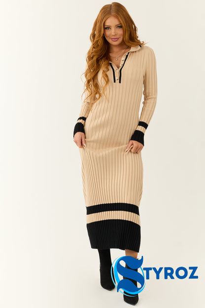 Beige Colorblock Stripe Maxi Sweater Dress