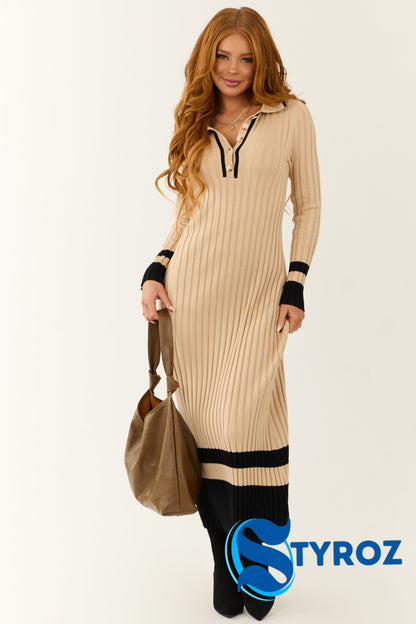 Beige Colorblock Stripe Maxi Sweater Dress
