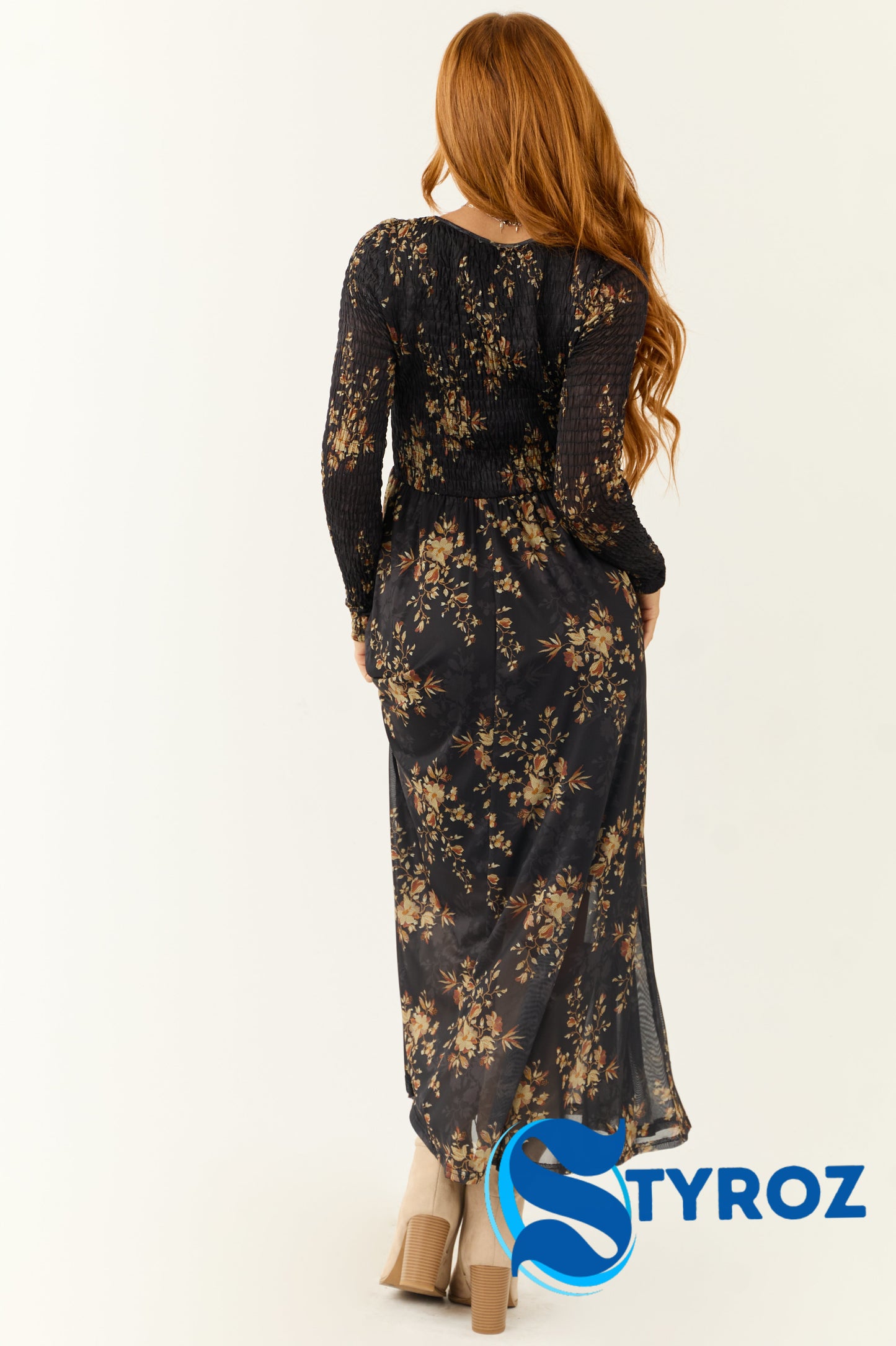 Black Floral Print Smocked Scoop Maxi Dress