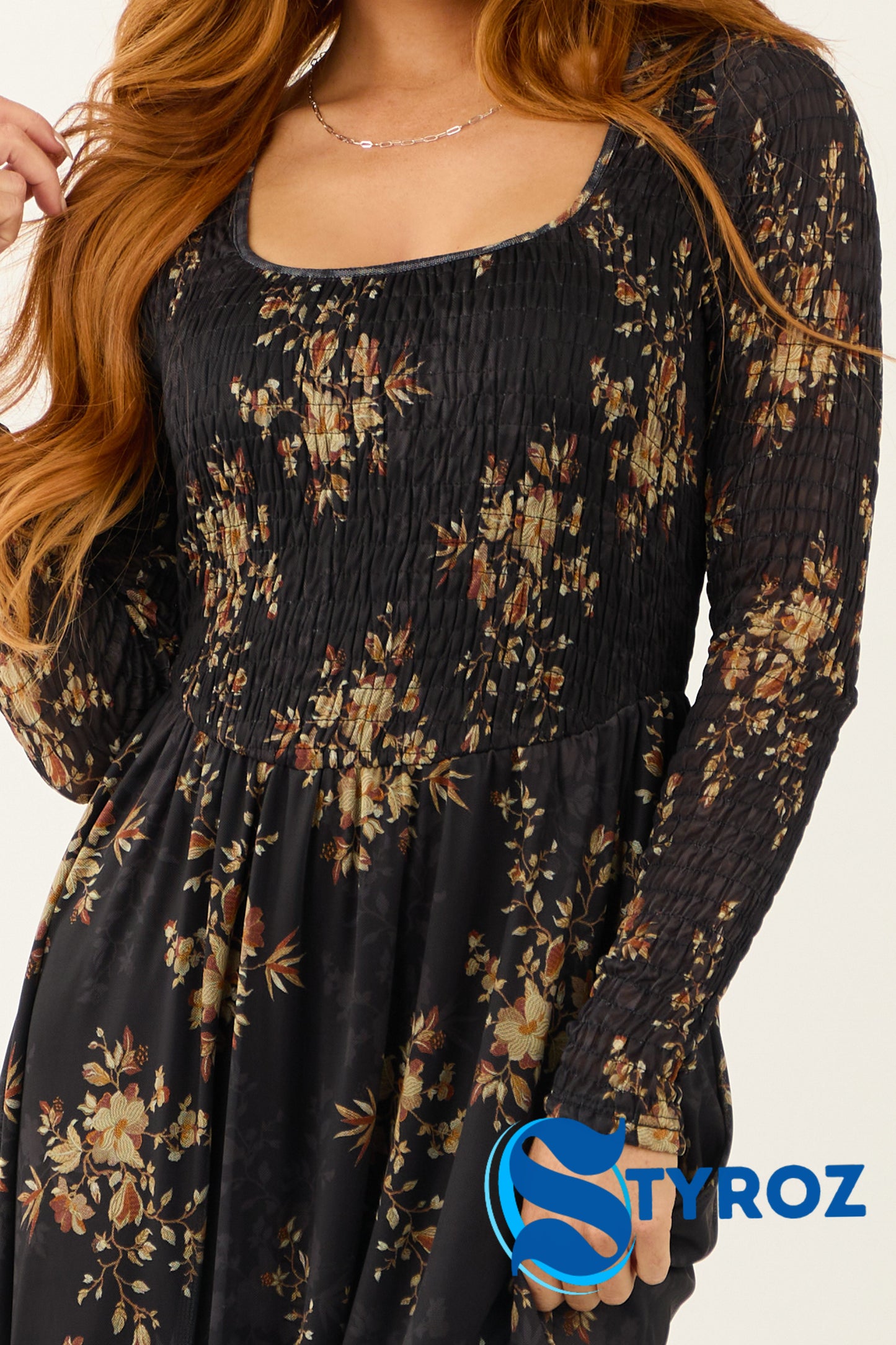 Black Floral Print Smocked Scoop Maxi Dress