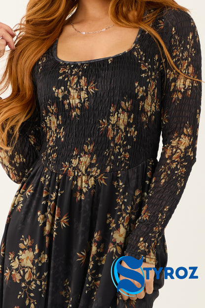 Black Floral Print Smocked Scoop Maxi Dress