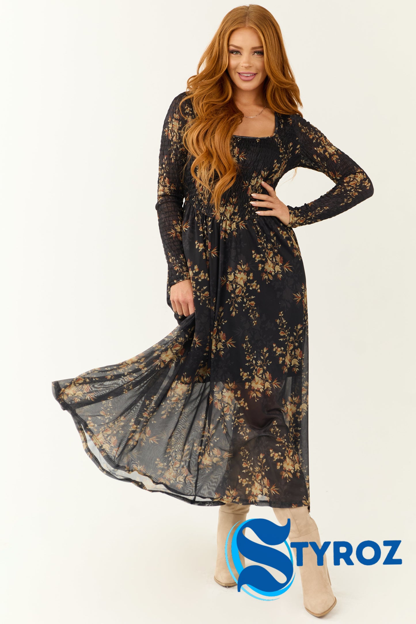 Black Floral Print Smocked Scoop Maxi Dress