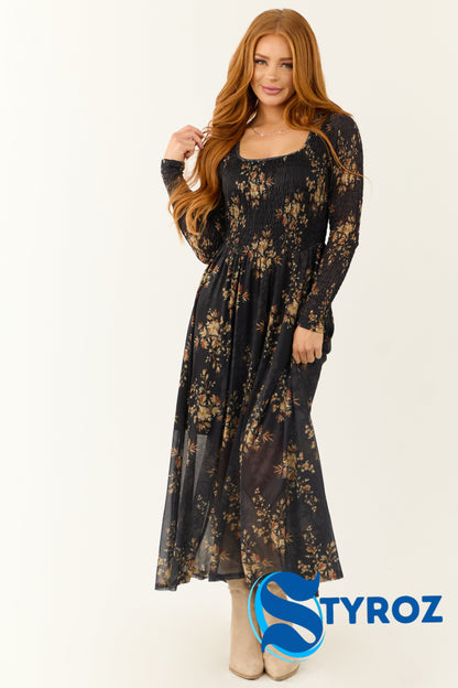 Black Floral Print Smocked Scoop Maxi Dress