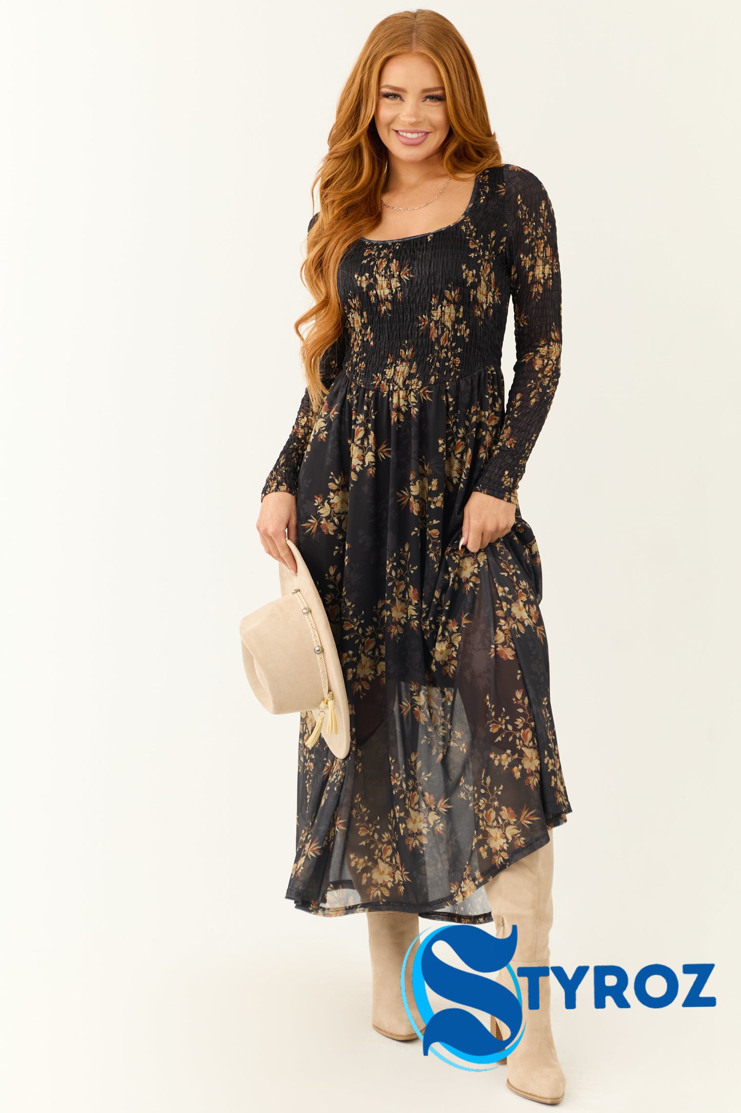 Black Floral Print Smocked Scoop Maxi Dress