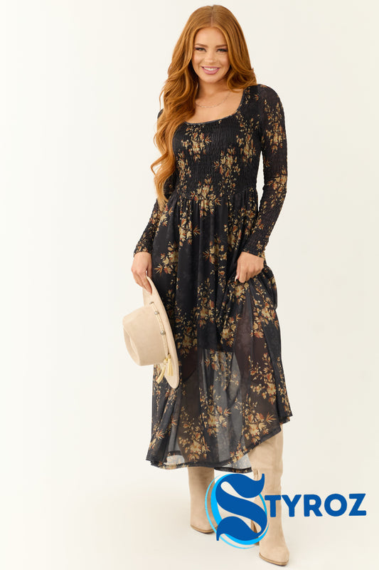 Black Floral Print Smocked Scoop Maxi Dress