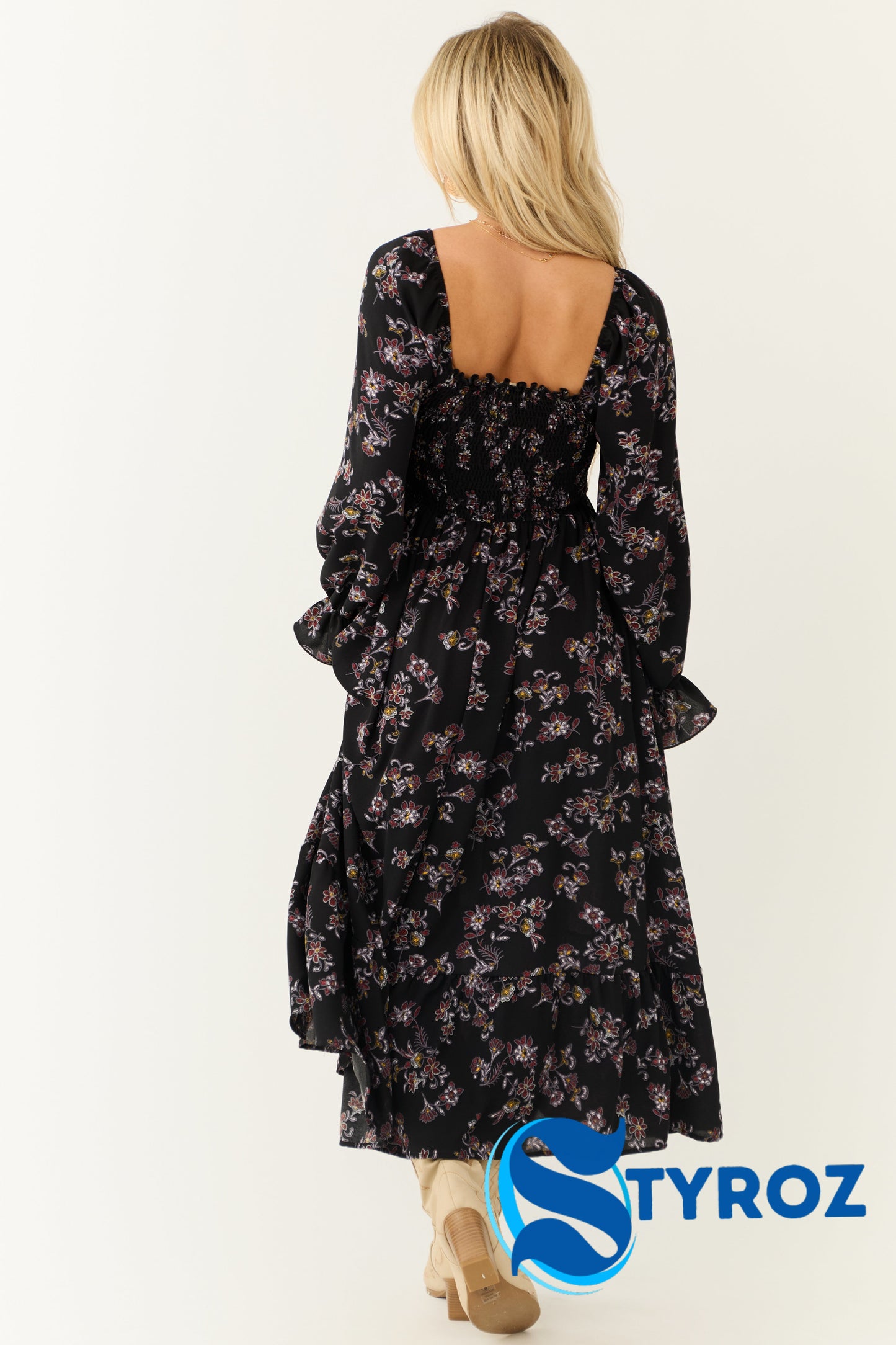 Black Floral Smocked Babydoll Long Sleeve Maxi Dress