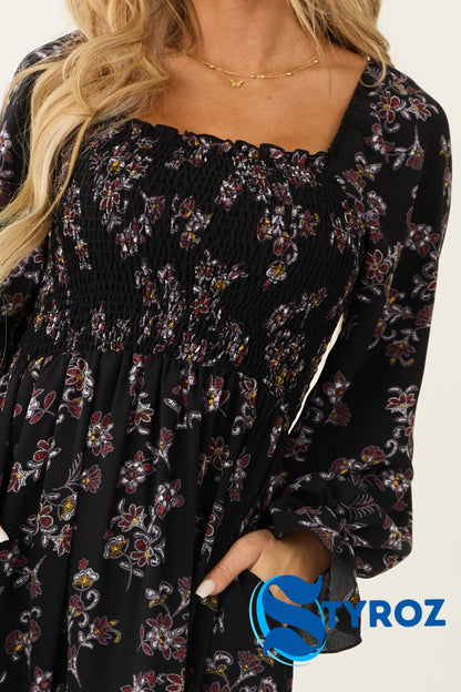 Black Floral Smocked Babydoll Long Sleeve Maxi Dress