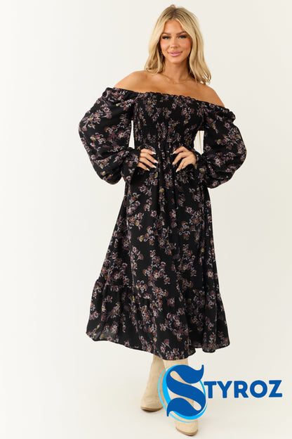 Black Floral Smocked Babydoll Long Sleeve Maxi Dress