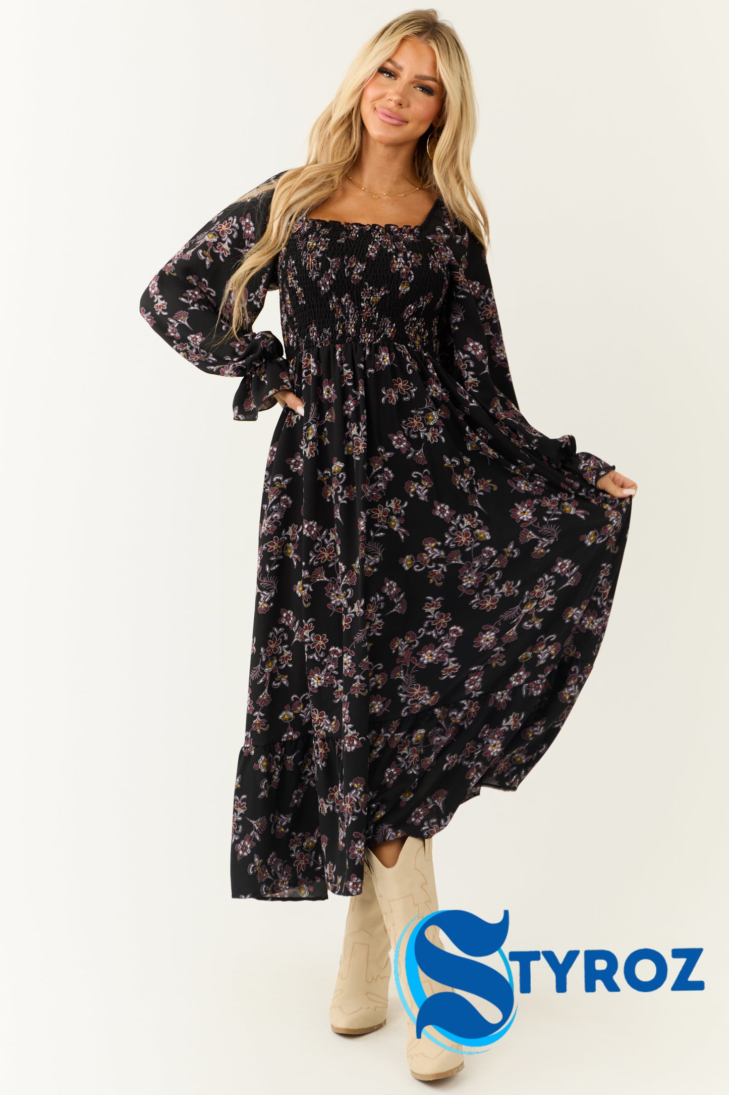 Black Floral Smocked Babydoll Long Sleeve Maxi Dress