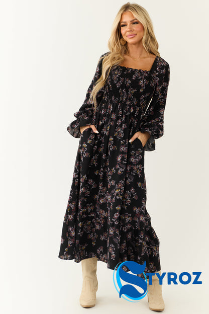 Black Floral Smocked Babydoll Long Sleeve Maxi Dress
