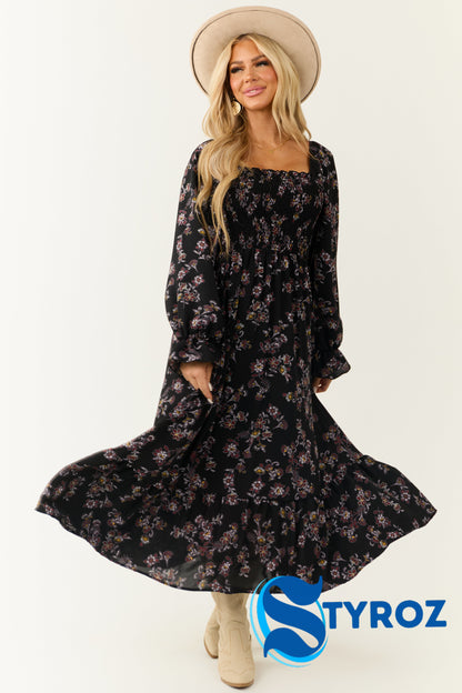 Black Floral Smocked Babydoll Long Sleeve Maxi Dress
