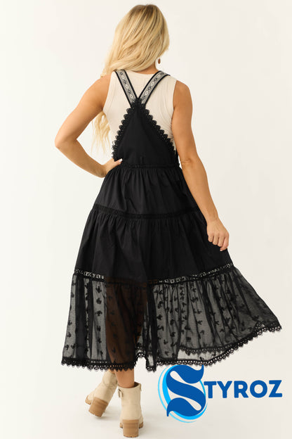 Black Lace Tiered Overalls Maxi Dress