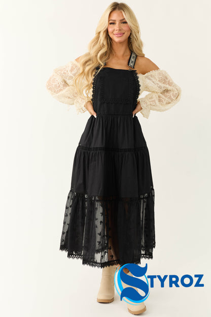Black Lace Tiered Overalls Maxi Dress