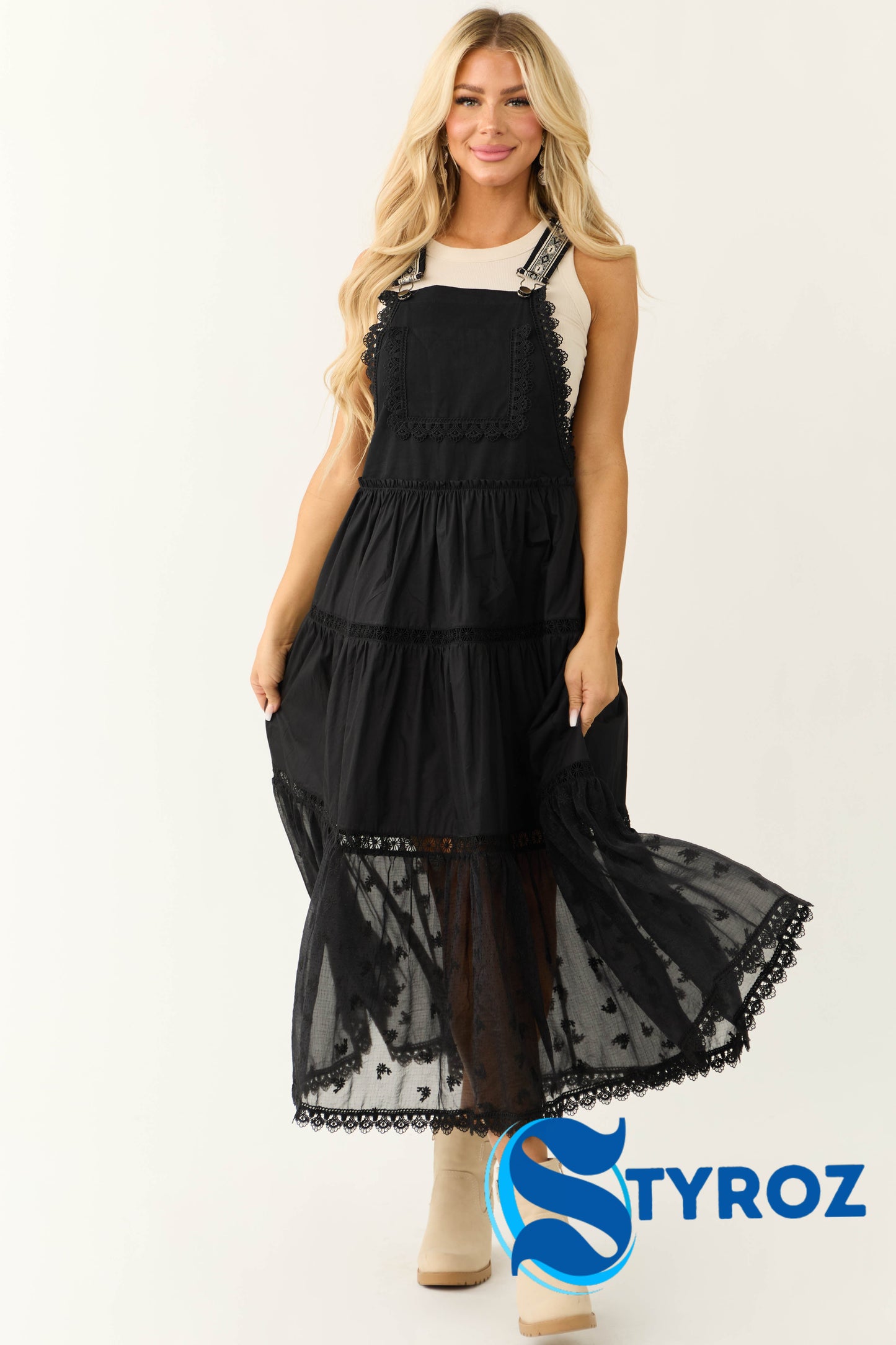 Black Lace Tiered Overalls Maxi Dress