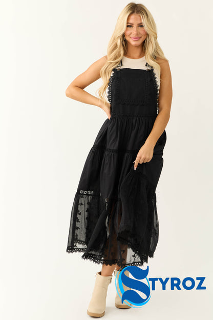 Black Lace Tiered Overalls Maxi Dress