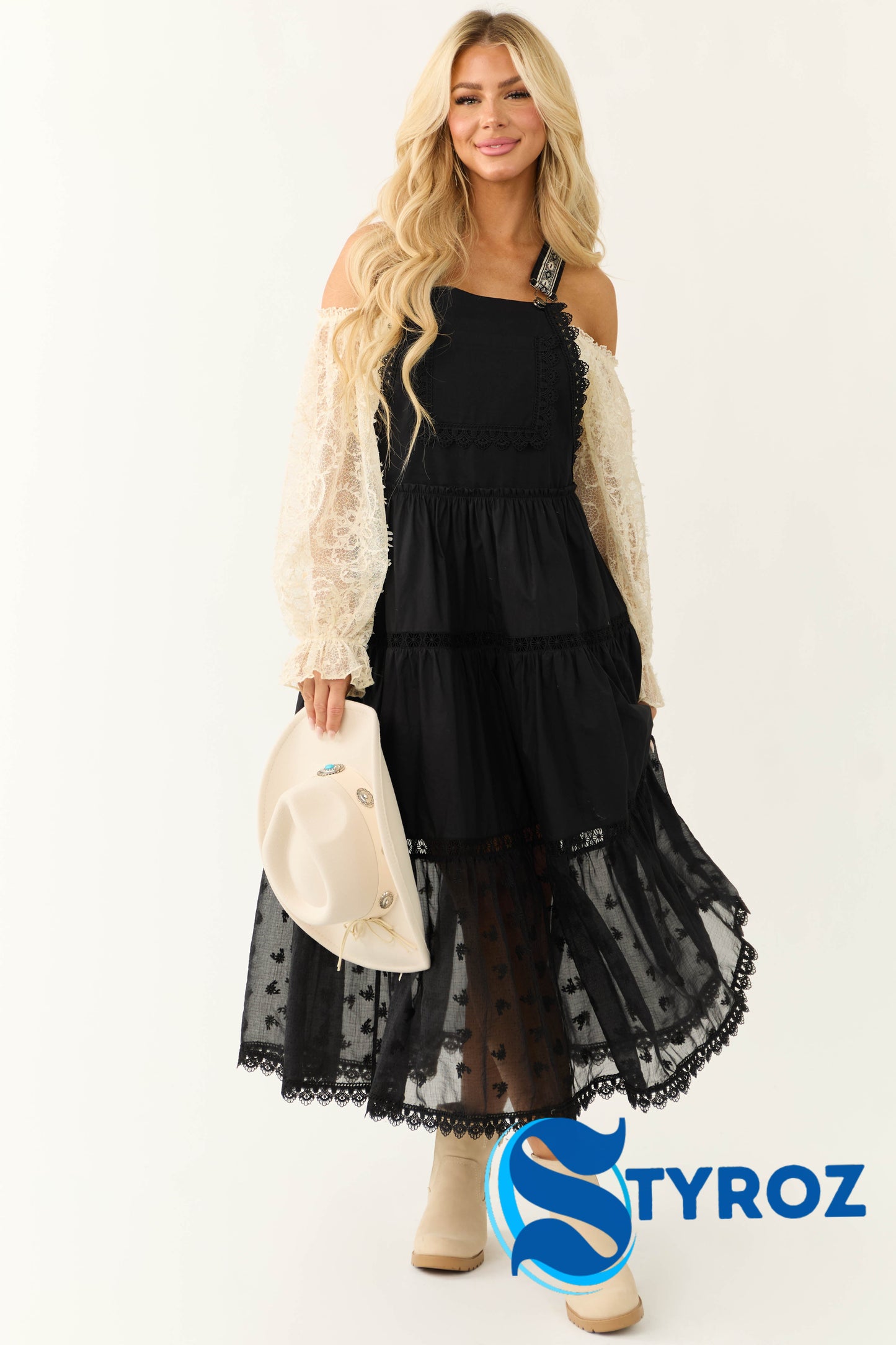 Black Lace Tiered Overalls Maxi Dress