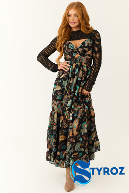 Black Paisley Pattern Cut Out Maxi Dress