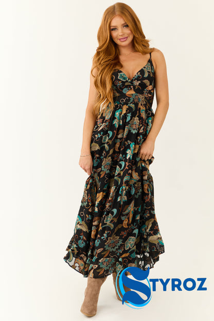 Black Paisley Pattern Cut Out Maxi Dress