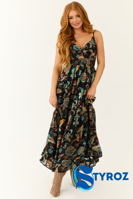 Black Paisley Pattern Cut Out Maxi Dress