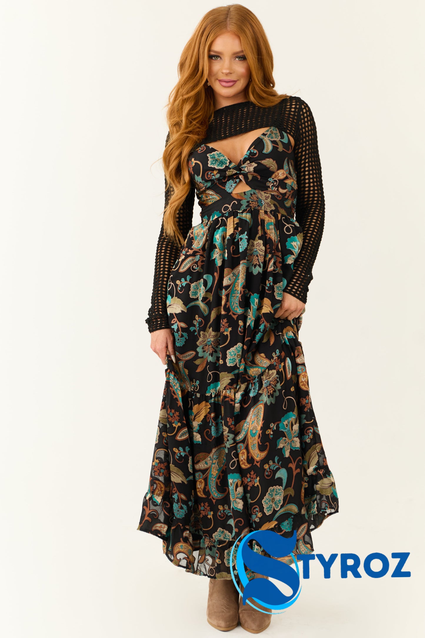 Black Paisley Pattern Cut Out Maxi Dress