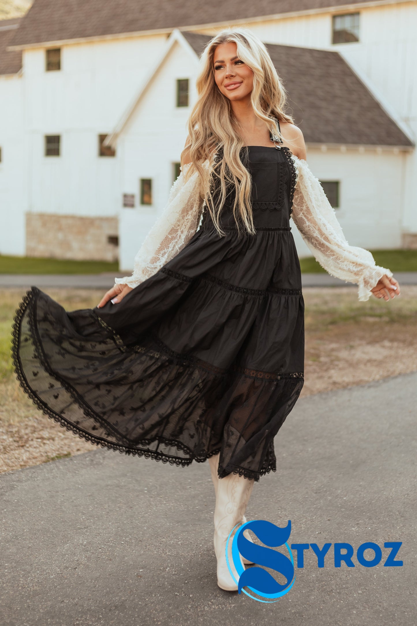 Black Lace Tiered Overalls Maxi Dress