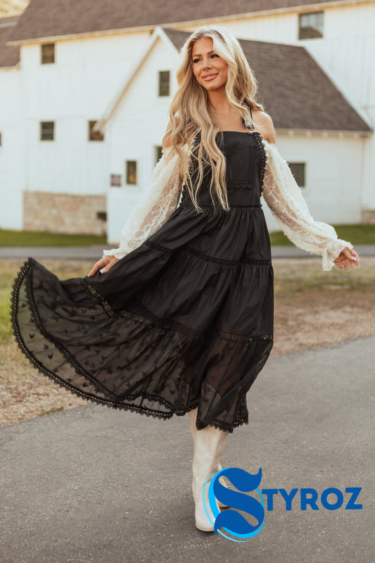Black Lace Tiered Overalls Maxi Dress