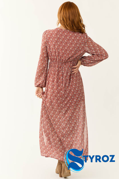 Burgundy Ditsy Floral Print Maxi Dress