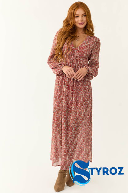 Burgundy Ditsy Floral Print Maxi Dress