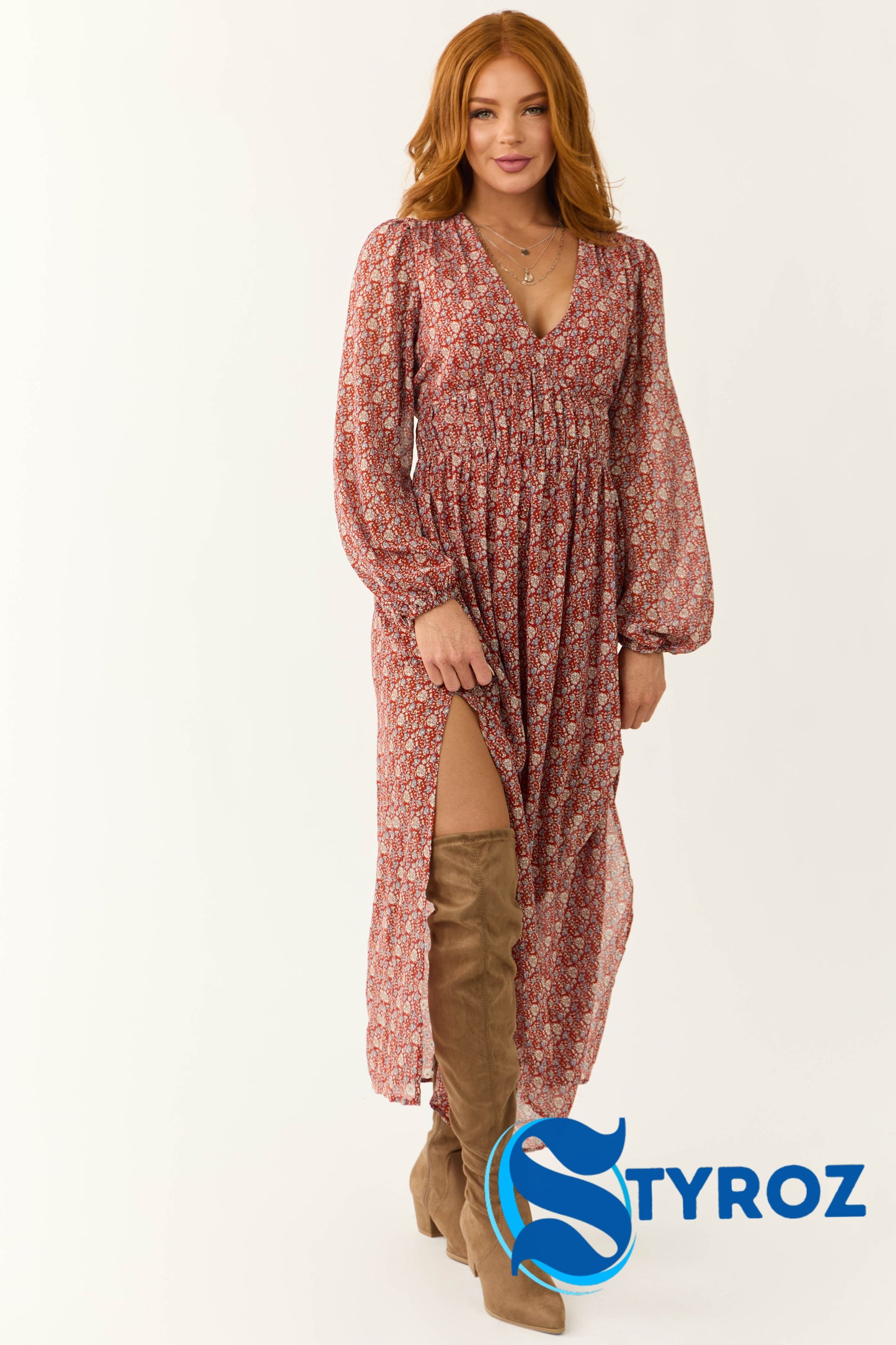 Burgundy Ditsy Floral Print Maxi Dress