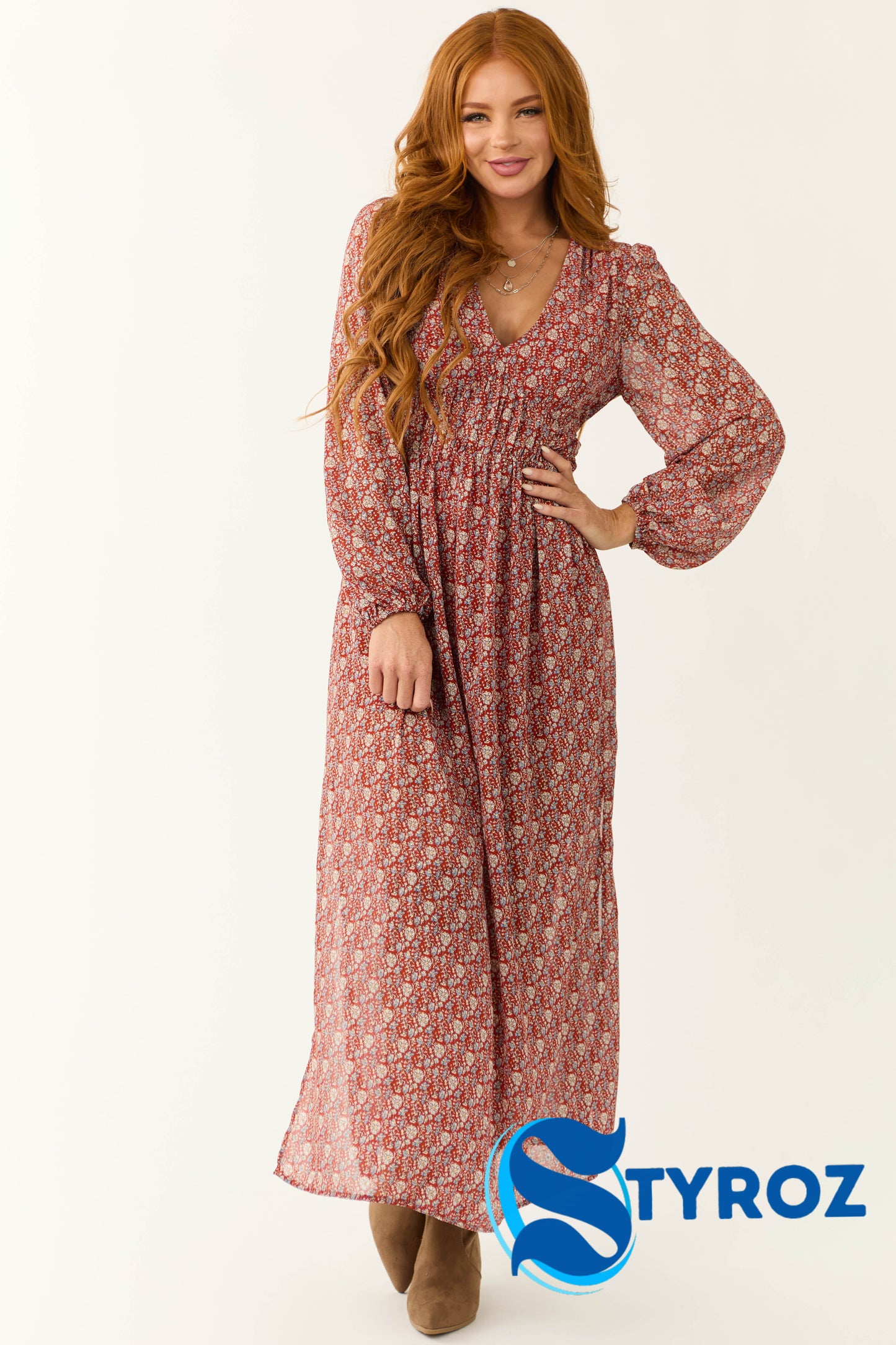 Burgundy Ditsy Floral Print Maxi Dress