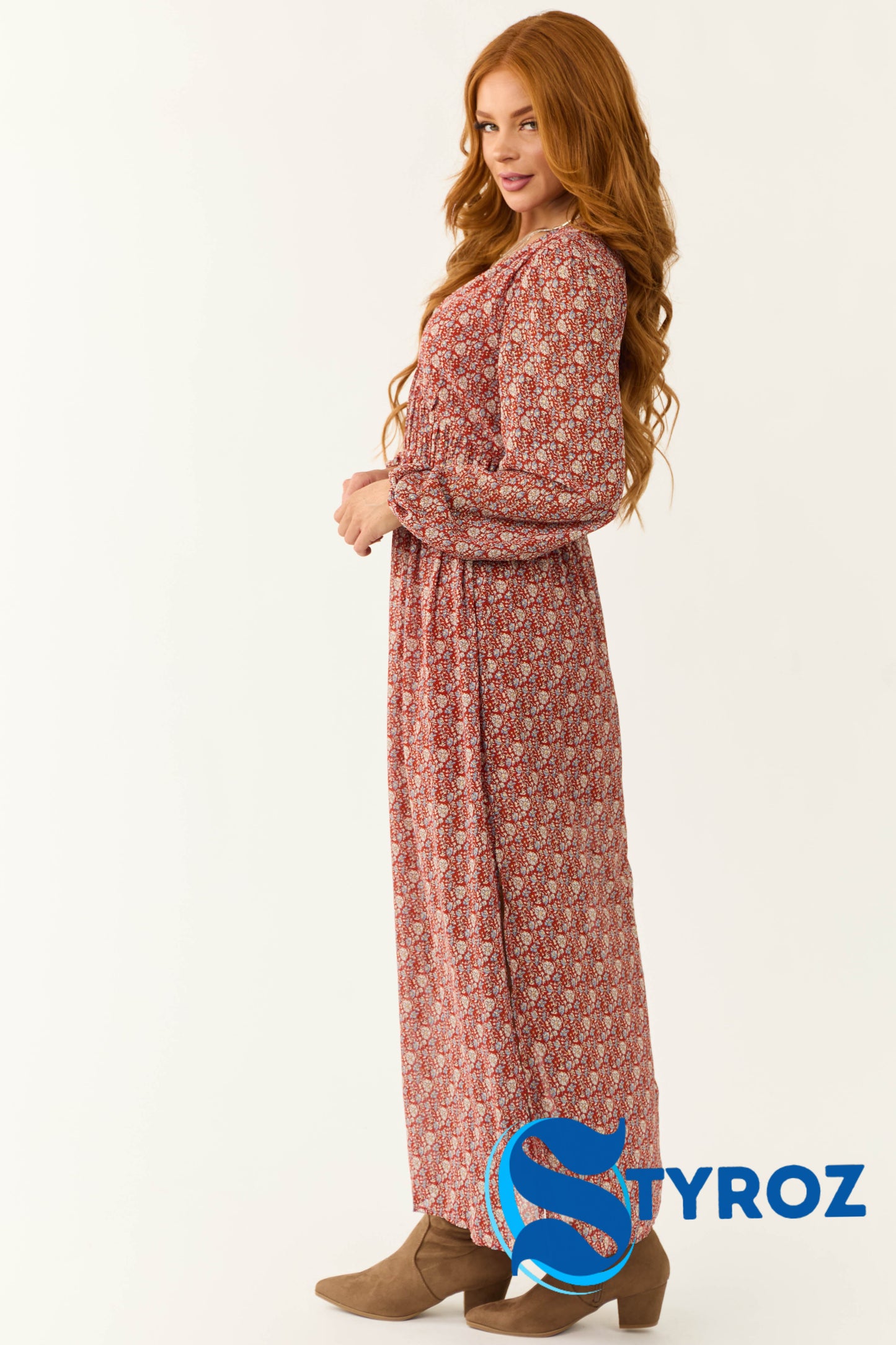 Burgundy Ditsy Floral Print Maxi Dress