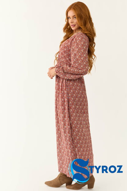 Burgundy Ditsy Floral Print Maxi Dress