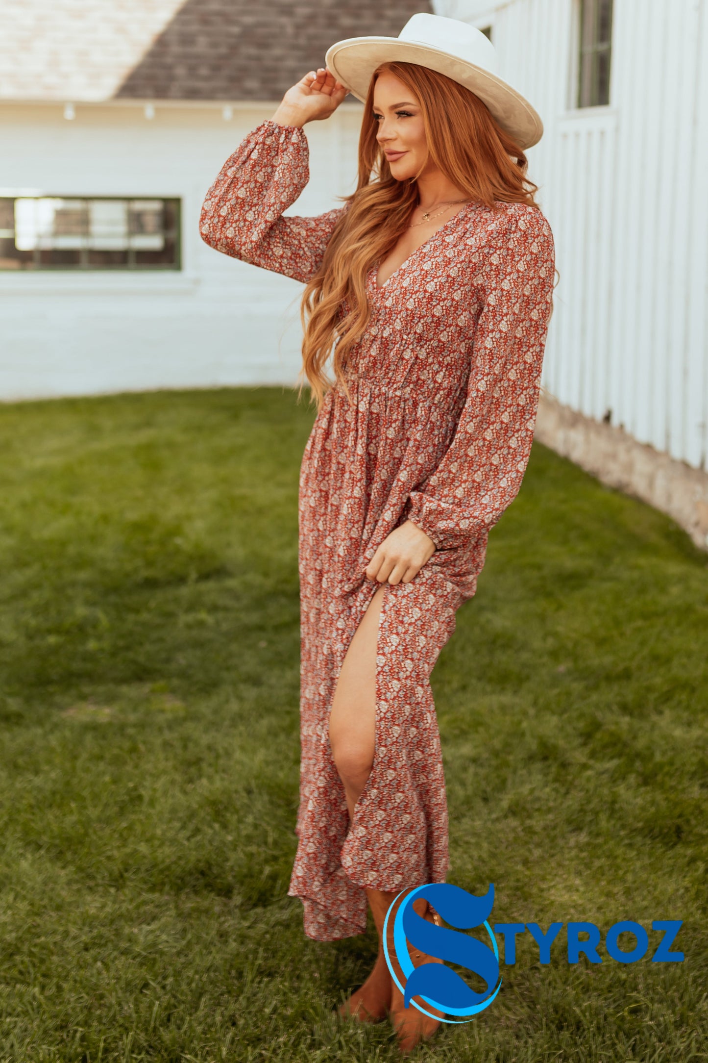 Burgundy Ditsy Floral Print Maxi Dress