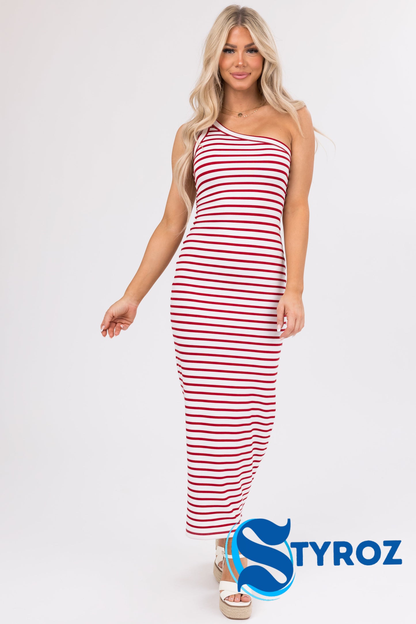 Cherry and White Striped One Shoulder Dress