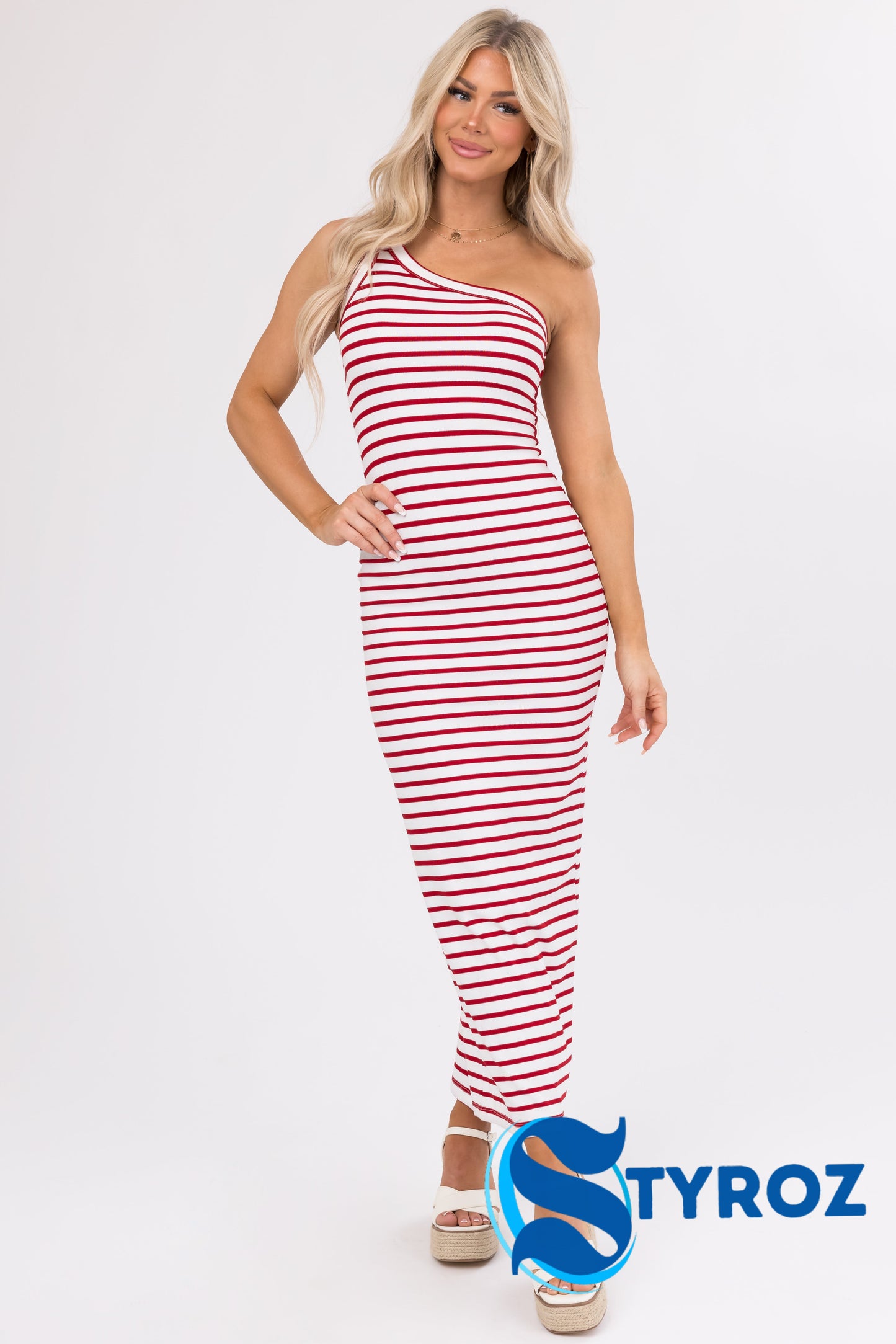 Cherry and White Striped One Shoulder Dress