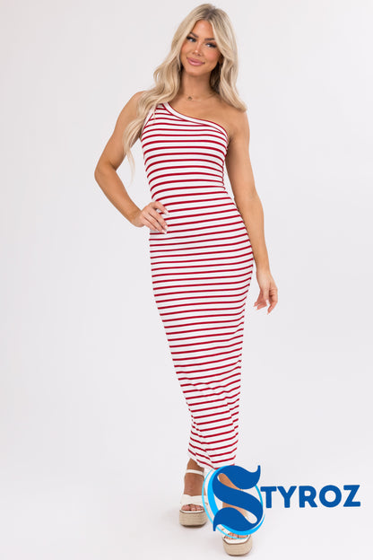 Cherry and White Striped One Shoulder Dress