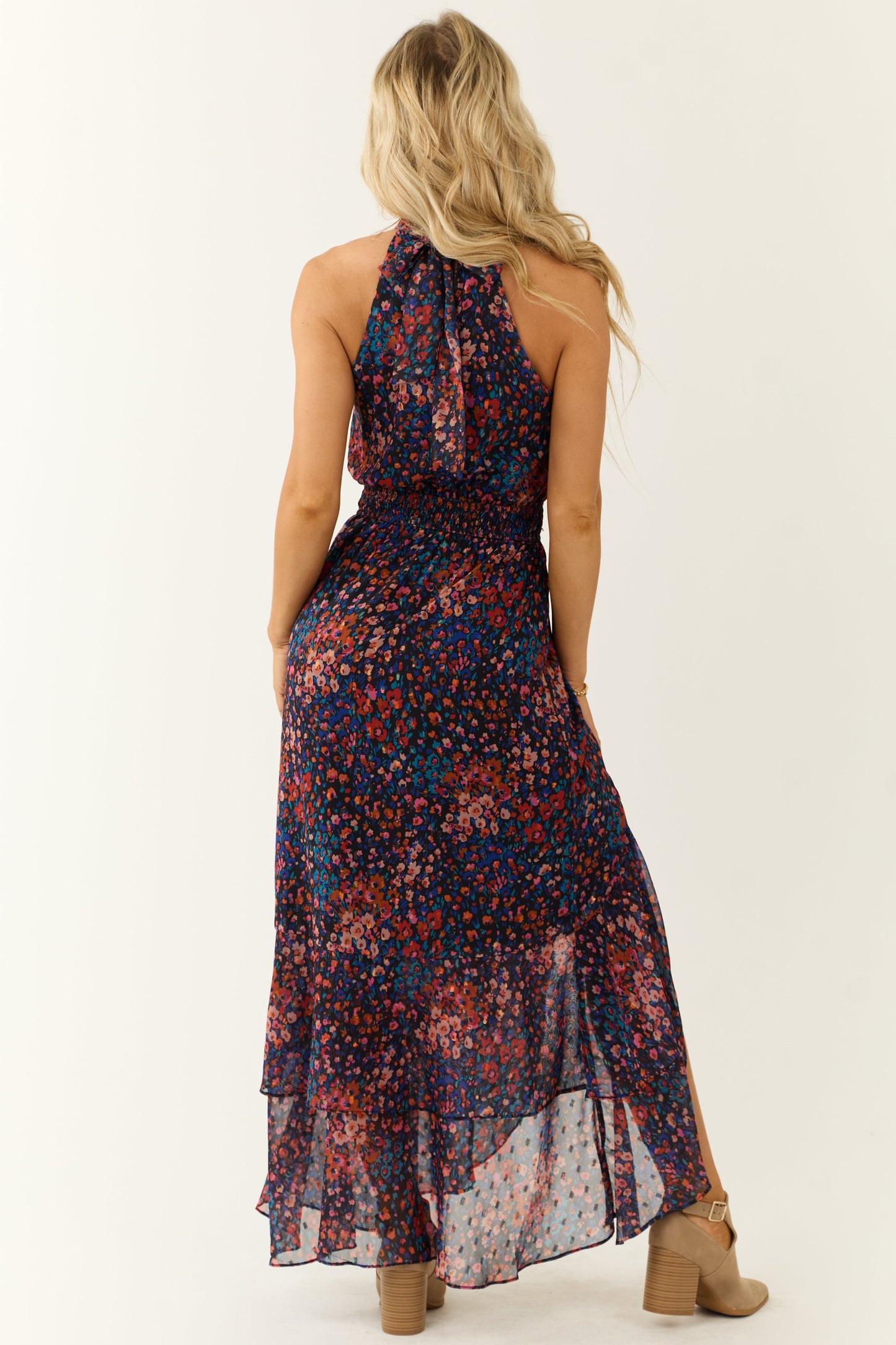 Multicolor Floral Print Chiffon Halter Neck Maxi Dress