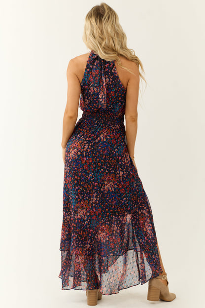 Multicolor Floral Print Chiffon Halter Neck Maxi Dress
