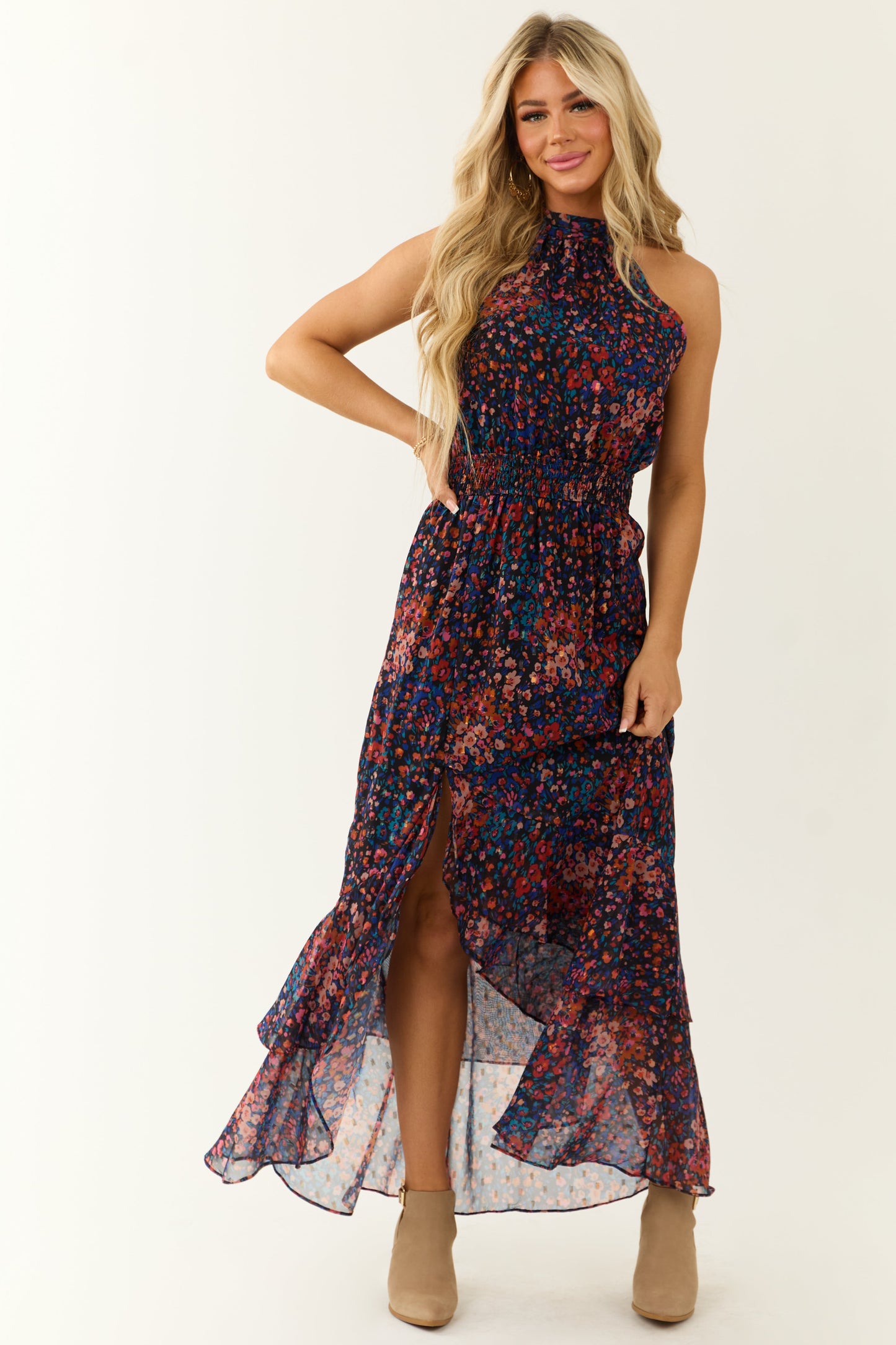 Multicolor Floral Print Chiffon Halter Neck Maxi Dress