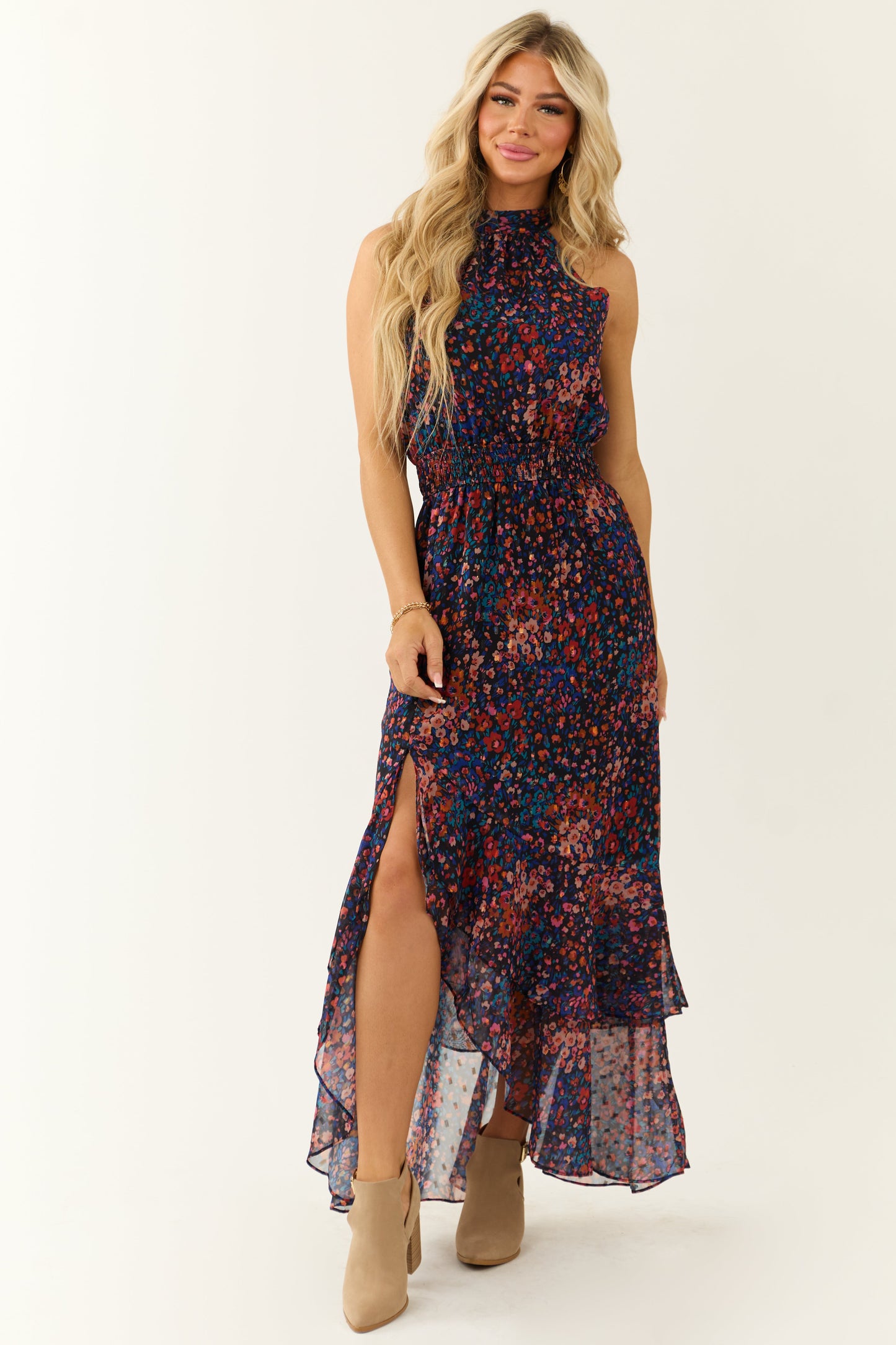 Multicolor Floral Print Chiffon Halter Neck Maxi Dress