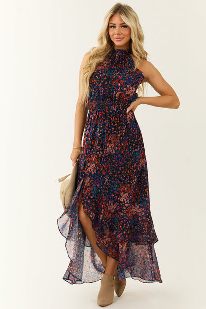 Multicolor Floral Print Chiffon Halter Neck Maxi Dress