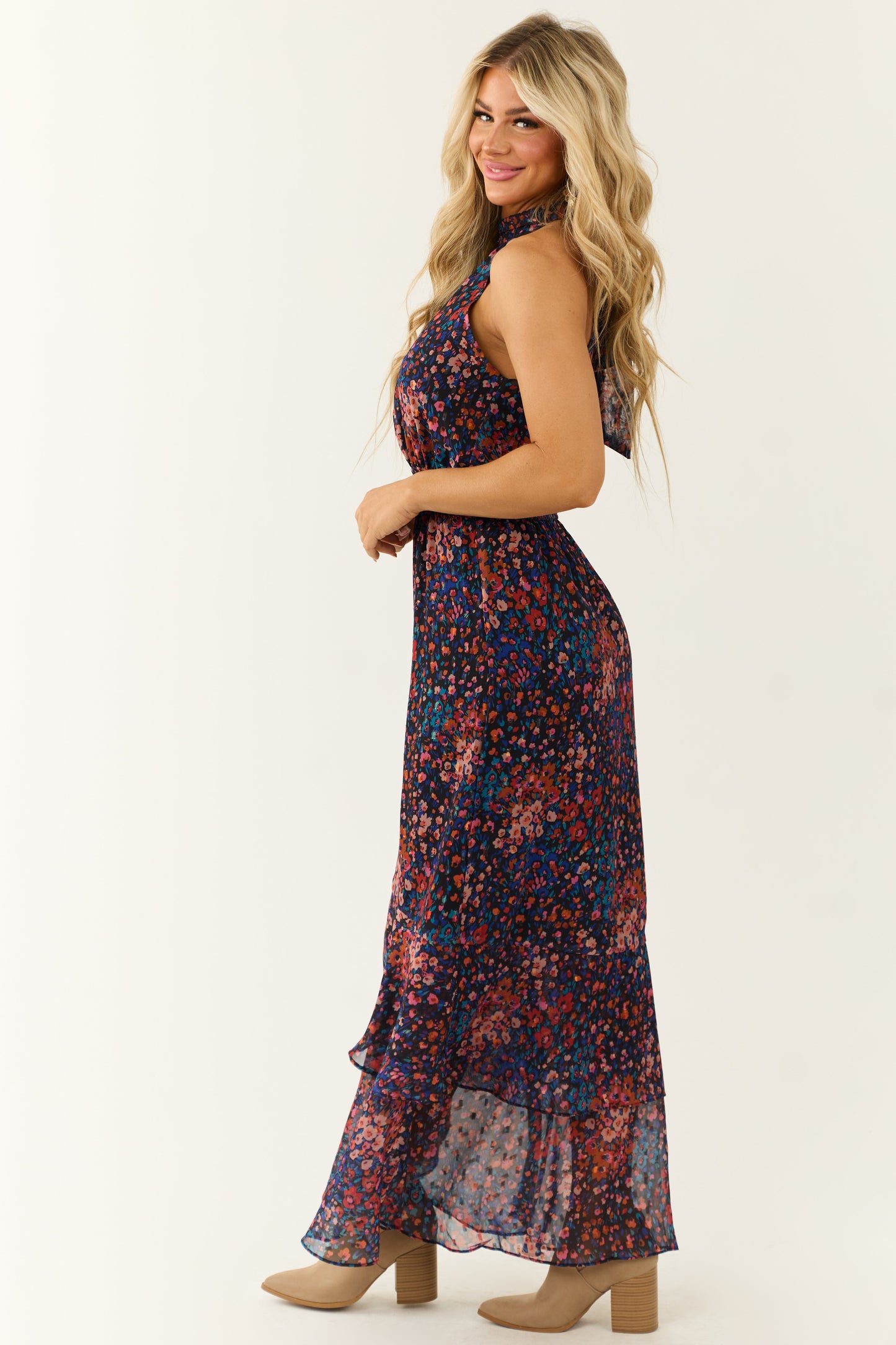 Multicolor Floral Print Chiffon Halter Neck Maxi Dress