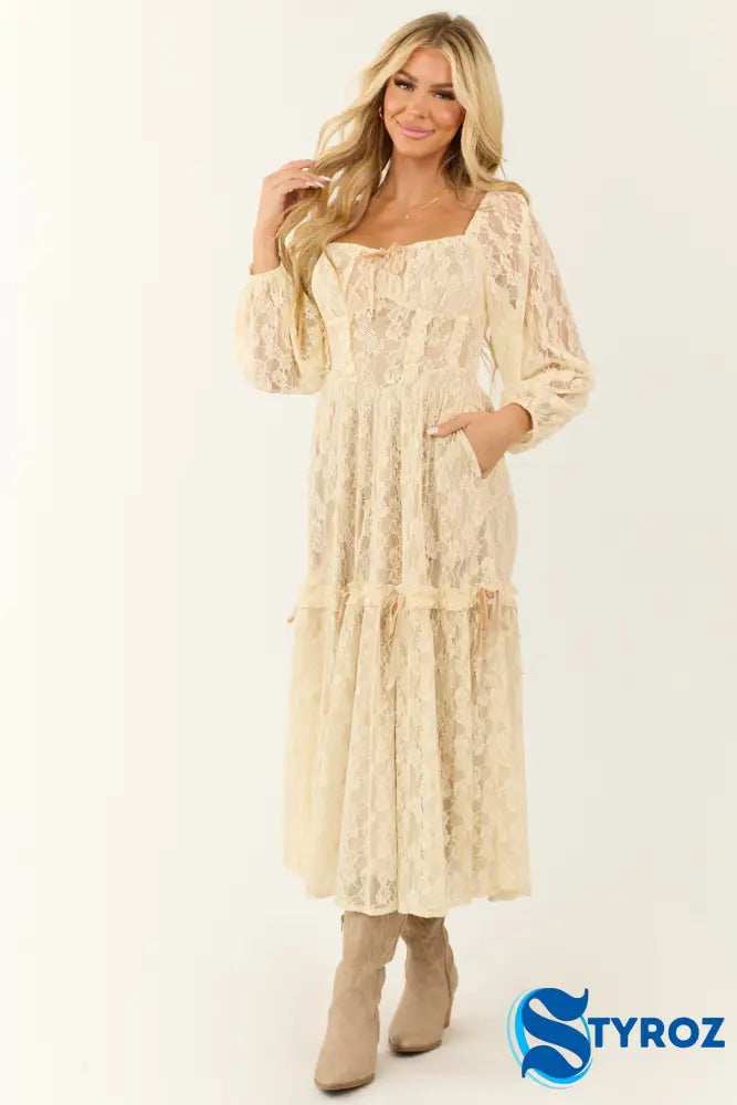Almond Lace Corset Style Maxi Dress Dresses